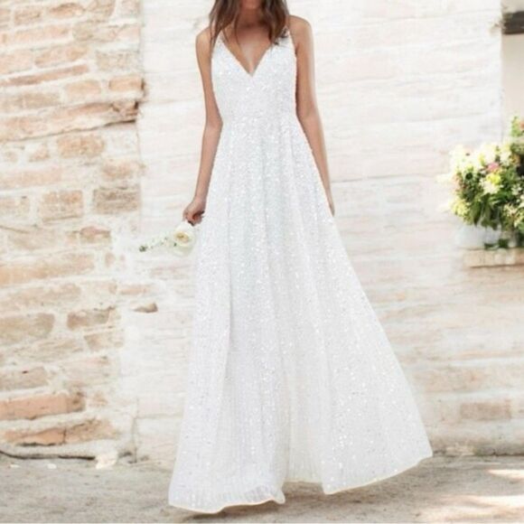 NWT ASOS Ivory Sequined Beaded Josie Backless Cami Maxi Wedding Dress Size 6 NEW - Picture 1 of 16